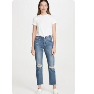 Levi's SZ 26 Premium Wedgie Straight  Distressed Knee Frayed Hem Denim